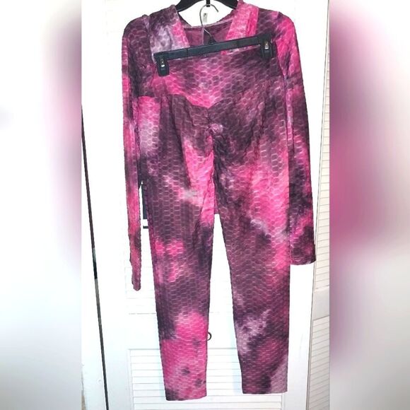 Women's Honeycomb Bubble Texture Tie Dye Butt Lift Activewear Sweatsuit Hooded L - Picture 8 of 10